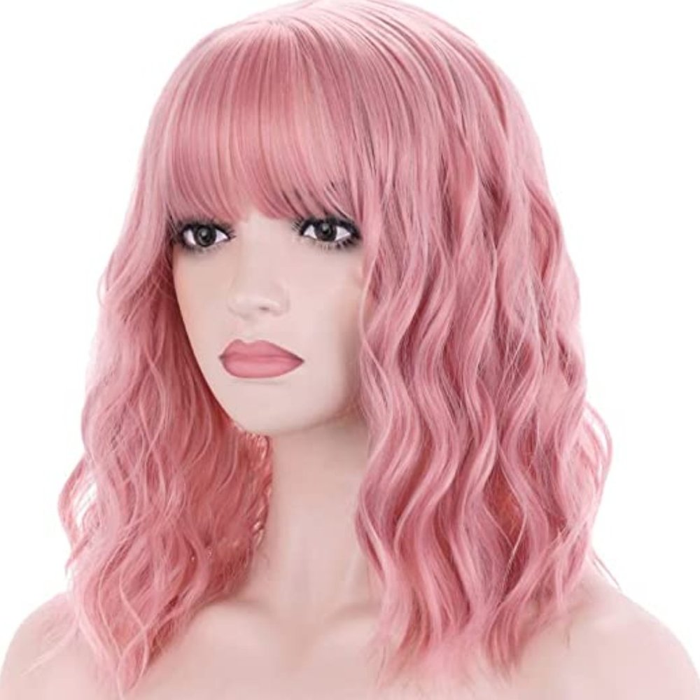 BERON 14" Women's Short Curly Synthetic Wig with Bangs Lovely Pink (NEW NO TAGS)